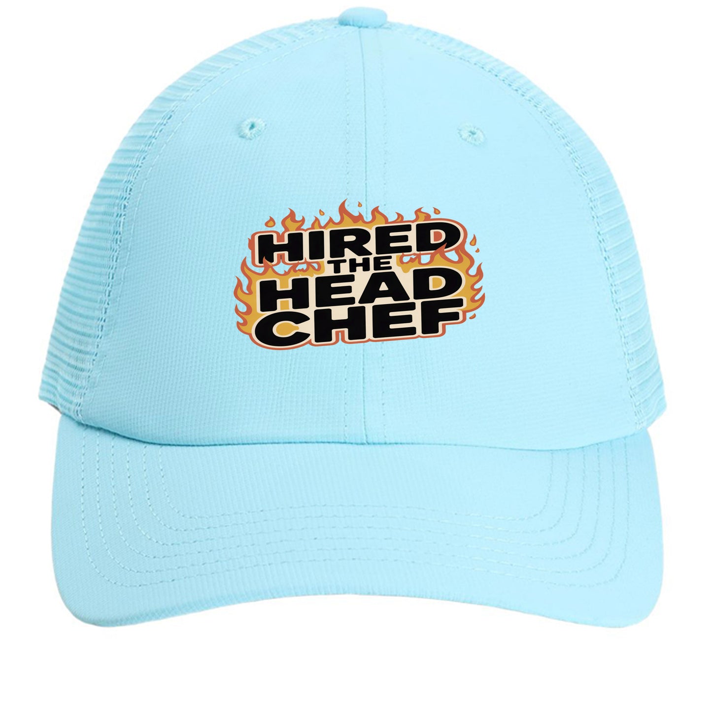 Light blue mesh back cap with “HIRED THE HEAD CHEF” logo on front
