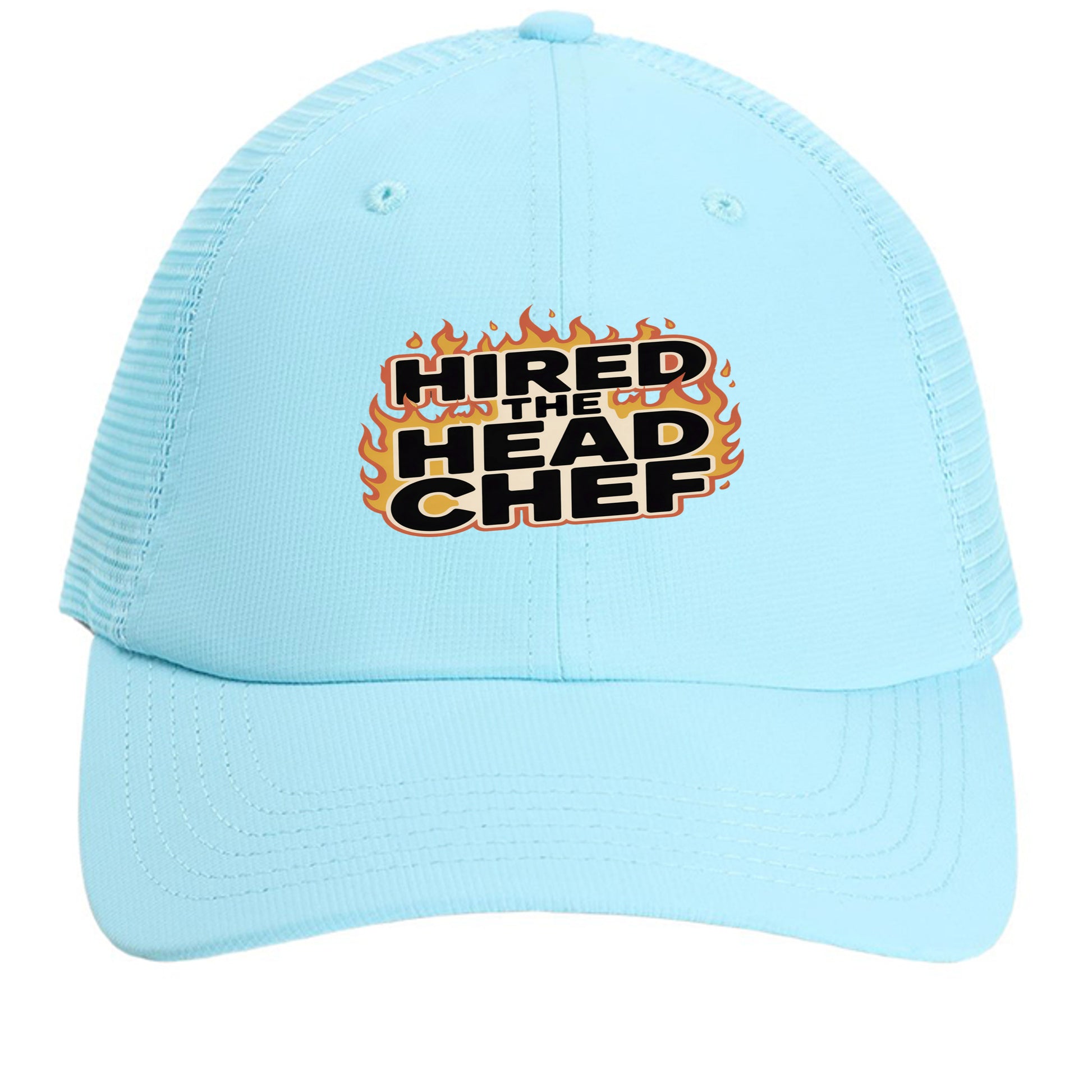 Light blue mesh back cap with “HIRED THE HEAD CHEF” logo on front