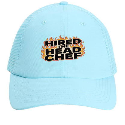 Light blue mesh back cap with “HIRED THE HEAD CHEF” logo on front