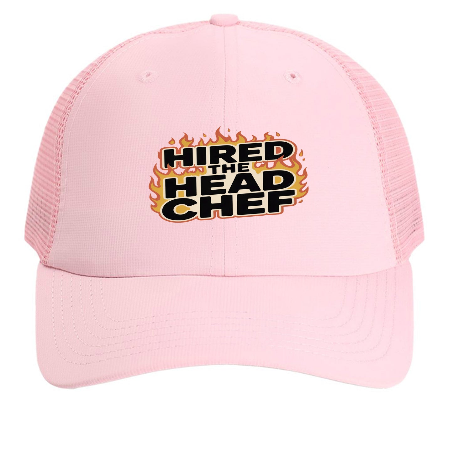 Pink mesh back cap with “HIRED THE HEAD CHEF” logo on front