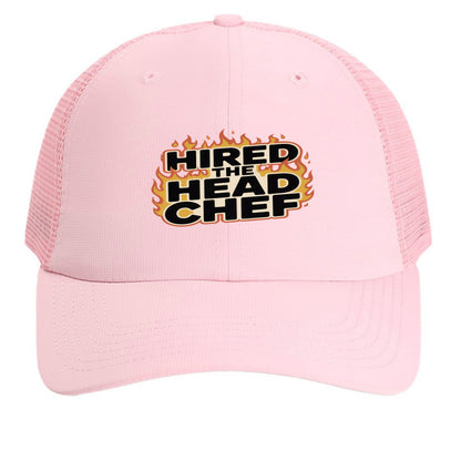 Pink mesh back cap with “HIRED THE HEAD CHEF” logo on front