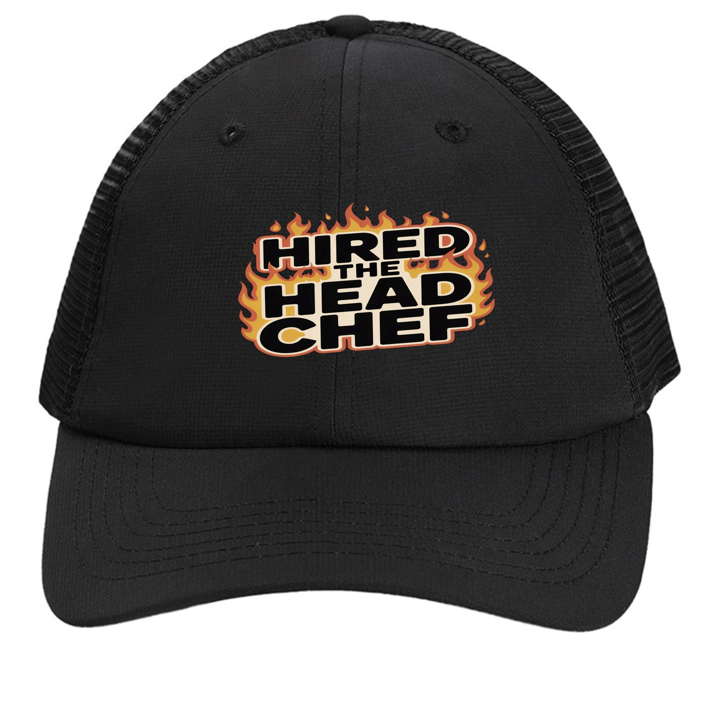 Black mesh back cap with “HIRED THE HEAD CHEF” logo on front