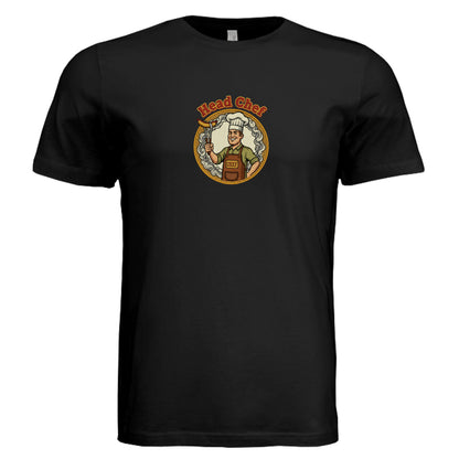 Black heather unisex tri-blend T-shirt with "Head Chef" logo graphic on front.