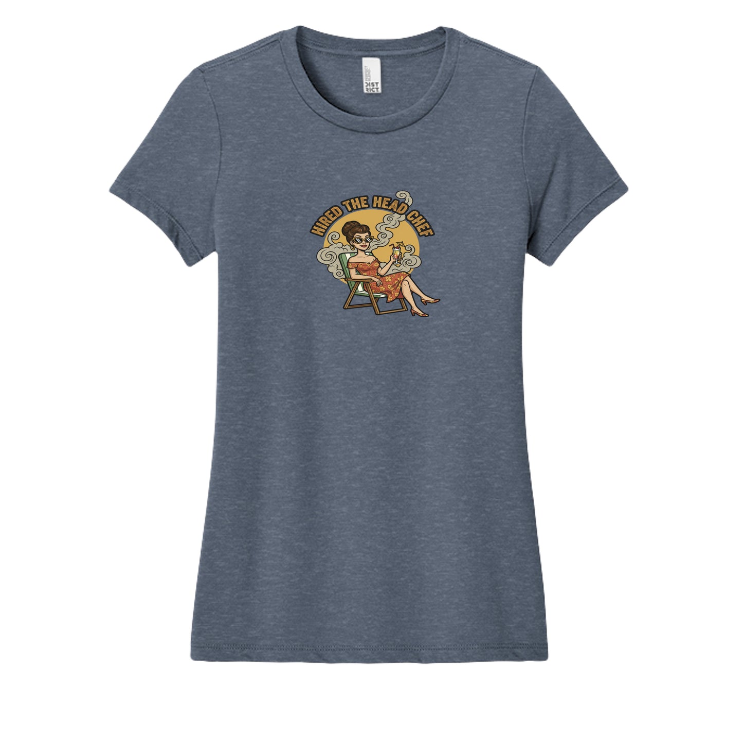 Women's tri-blend tee, heathered slate blue, crew neck, front graphic print