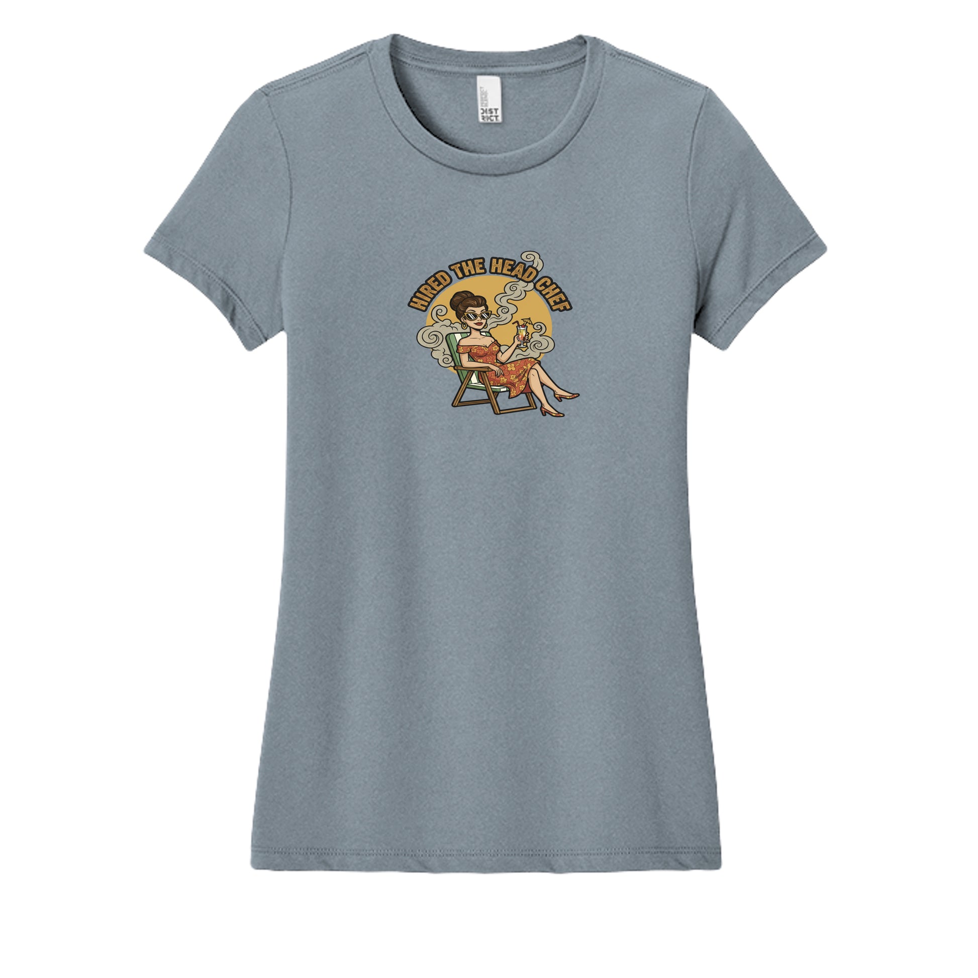 Women's tri-blend tee, heathered light slate blue, crew neck, front graphic print