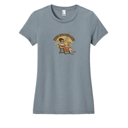 Women's tri-blend tee, heathered light slate blue, crew neck, front graphic print