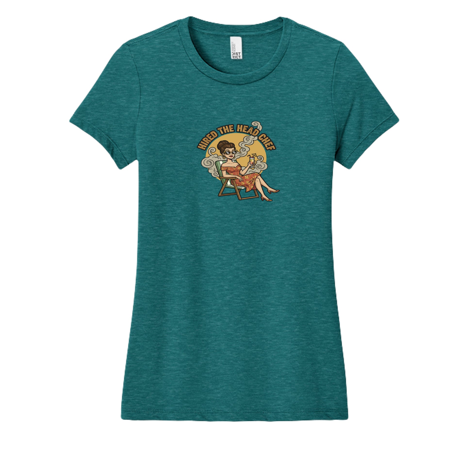 Women's tri-blend tee, heathered teal, crew neck, front graphic print