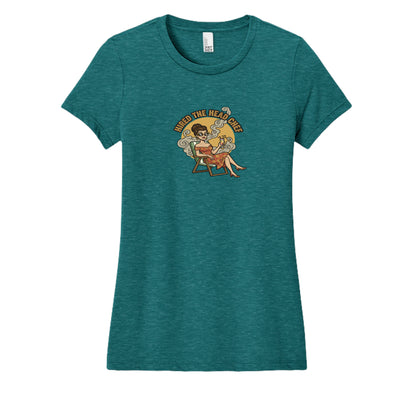 Women's tri-blend tee, heathered teal, crew neck, front graphic print