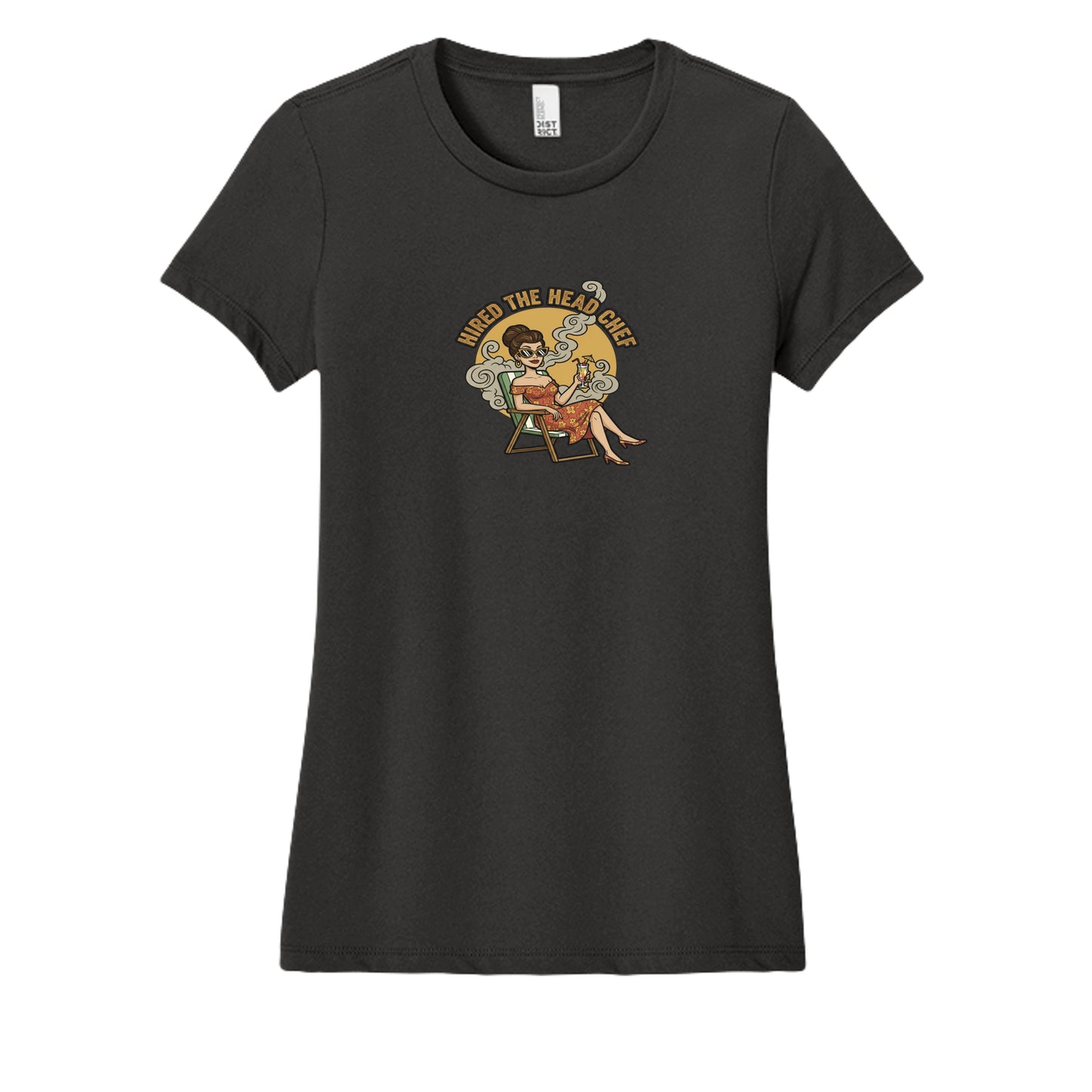 Women's tri-blend tee, dark charcoal black, crew neck, front graphic print