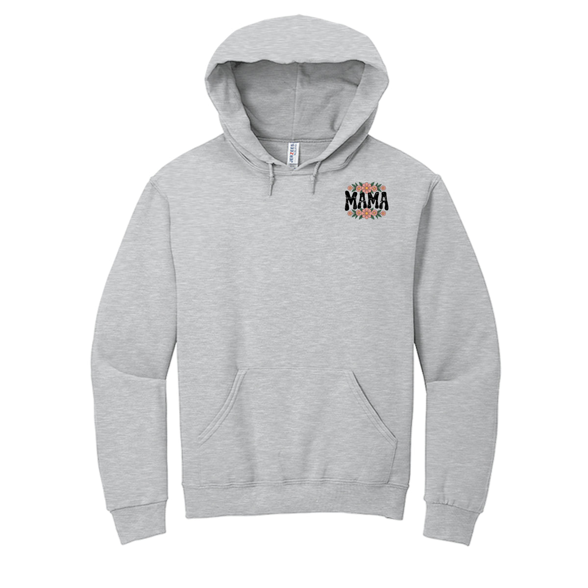 Ash gray MAMA vintage script hoodie with small chest logo and front kangaroo pocket