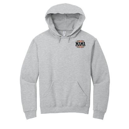 Ash gray MAMA vintage script hoodie with small chest logo and front kangaroo pocket
