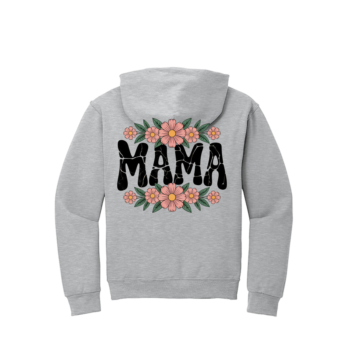 Ash gray MAMA hoodie with floral crackle-style MAMA graphic on back