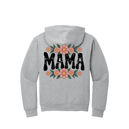 Ash gray MAMA hoodie with floral crackle-style MAMA graphic on back