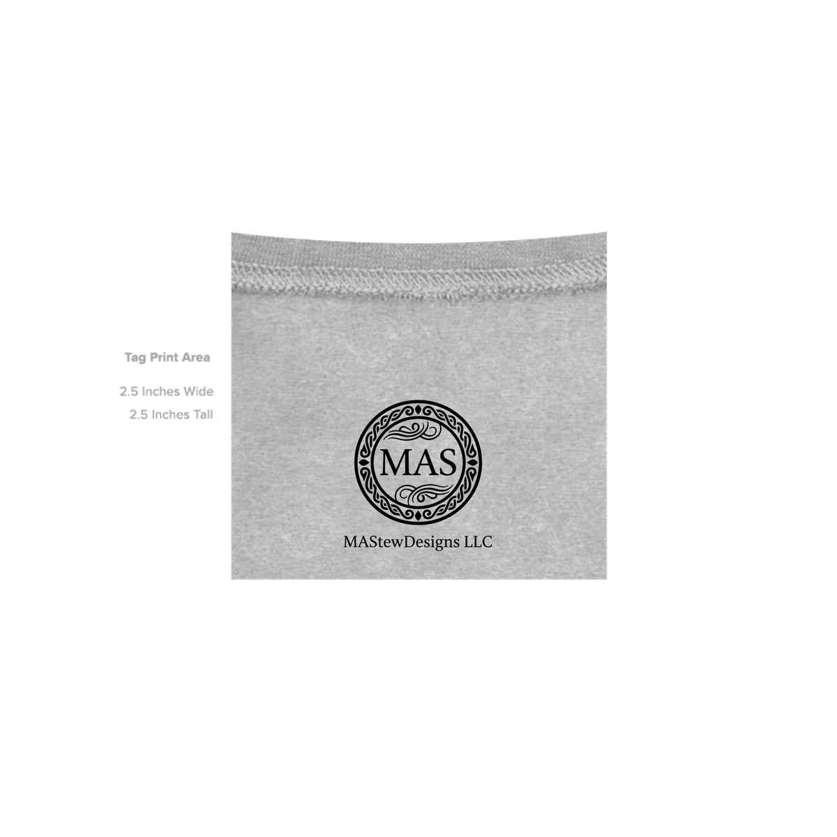 Gray hoodie inner neck label and MAS branding patch
