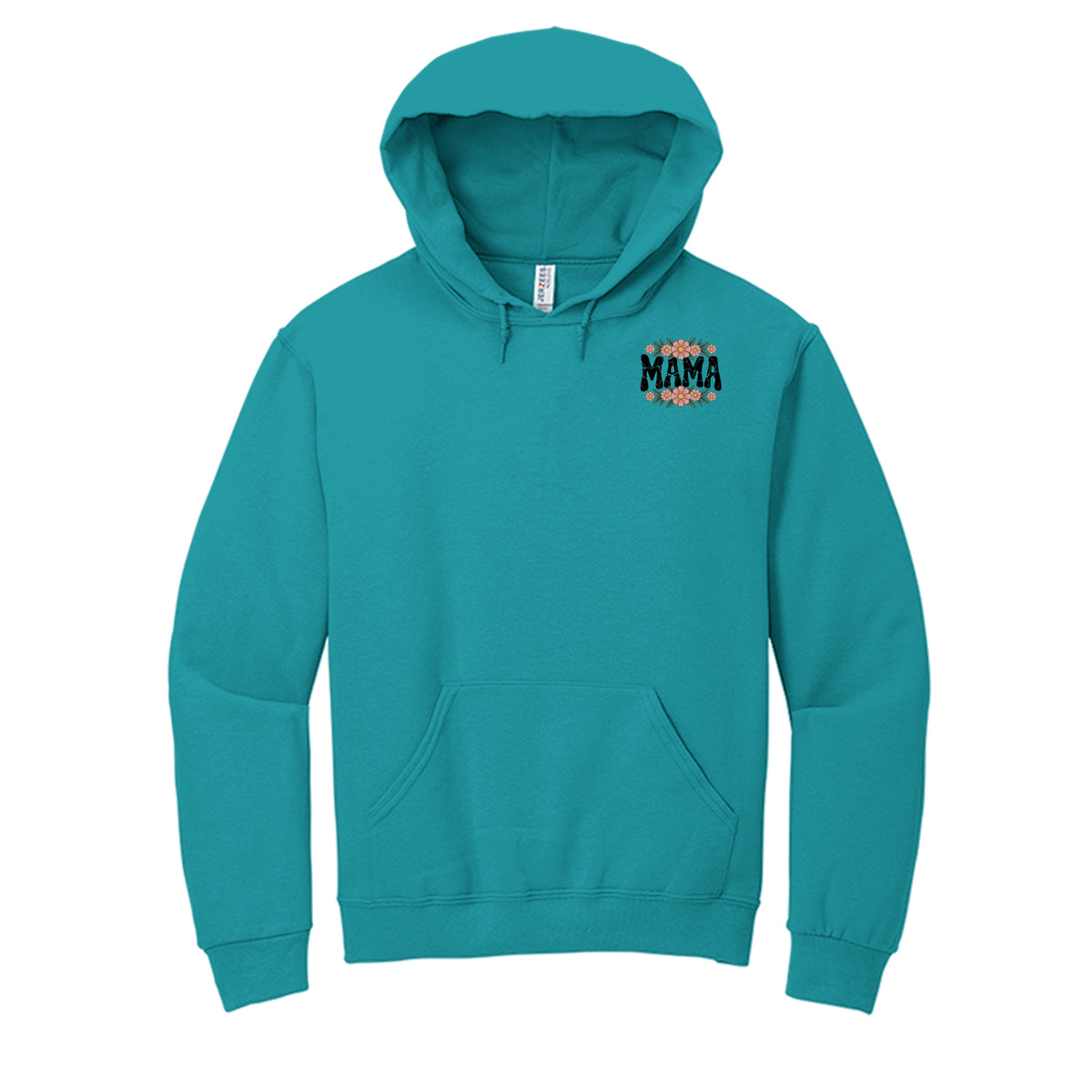 Teal MAMA vintage script hoodie with small chest logo and front kangaroo pocket