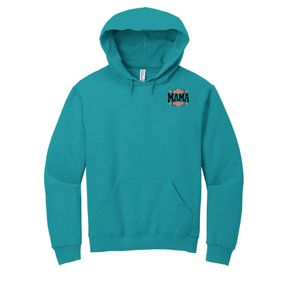 Teal MAMA vintage script hoodie with small chest logo and front kangaroo pocket