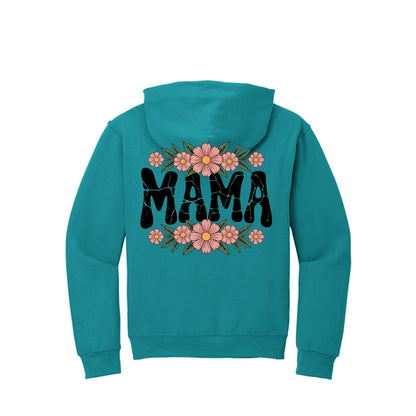 Teal MAMA hoodie with floral crackle-style MAMA graphic on back