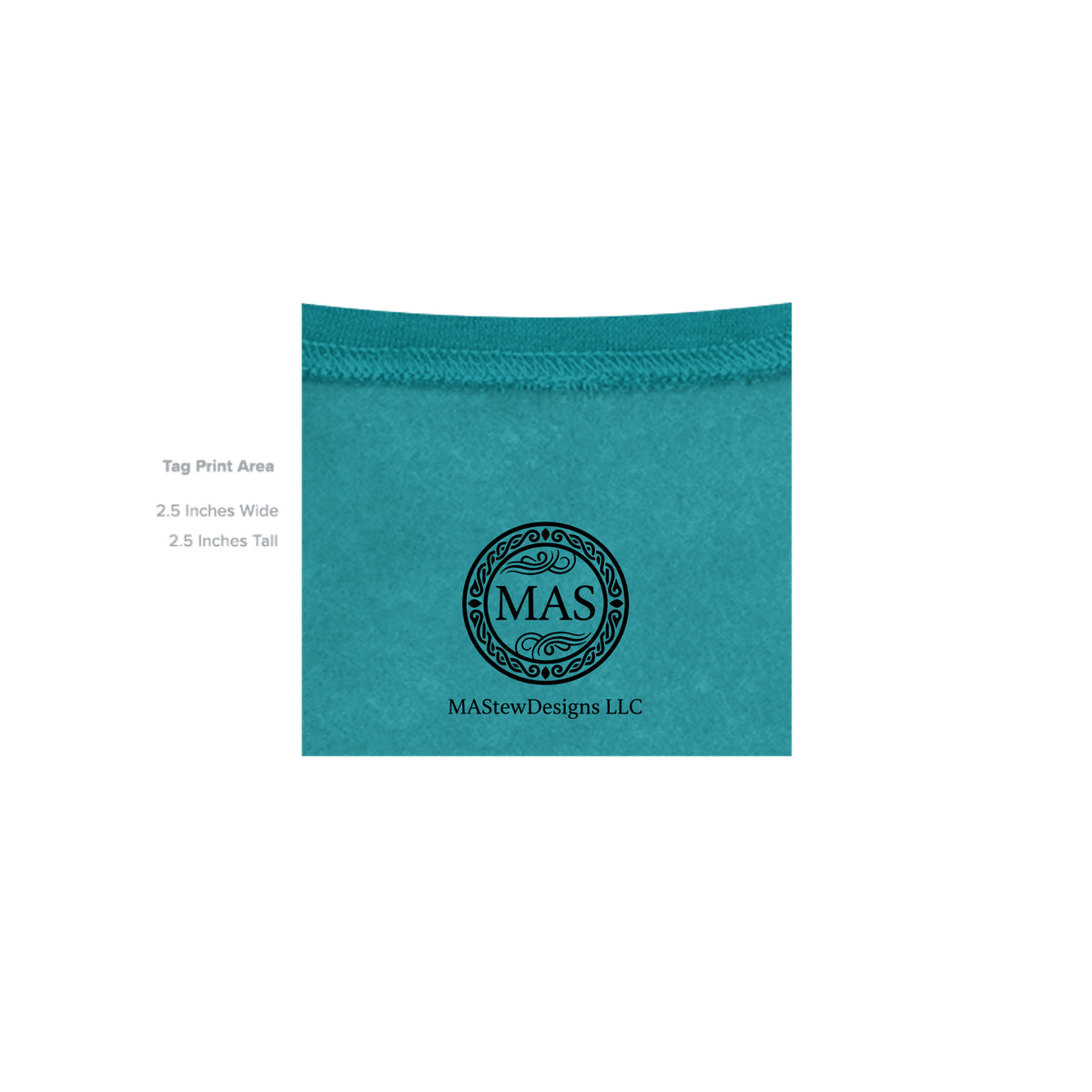 Teal hoodie inner neck label and MAS branding patch