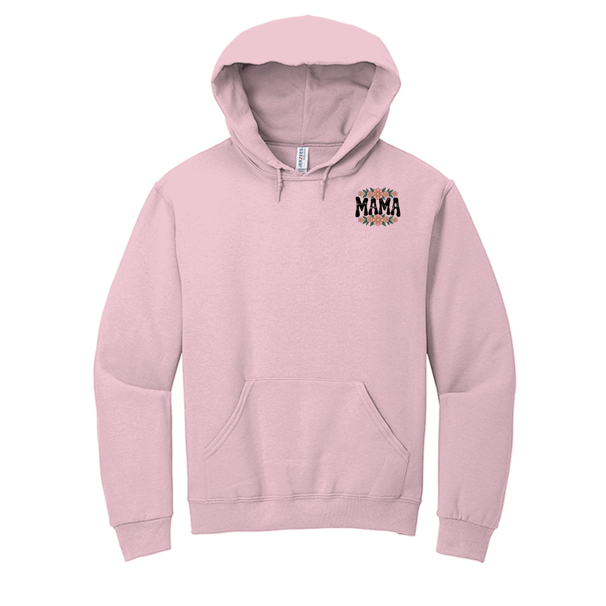 Light pink MAMA vintage script hoodie with small chest logo and front kangaroo pocket