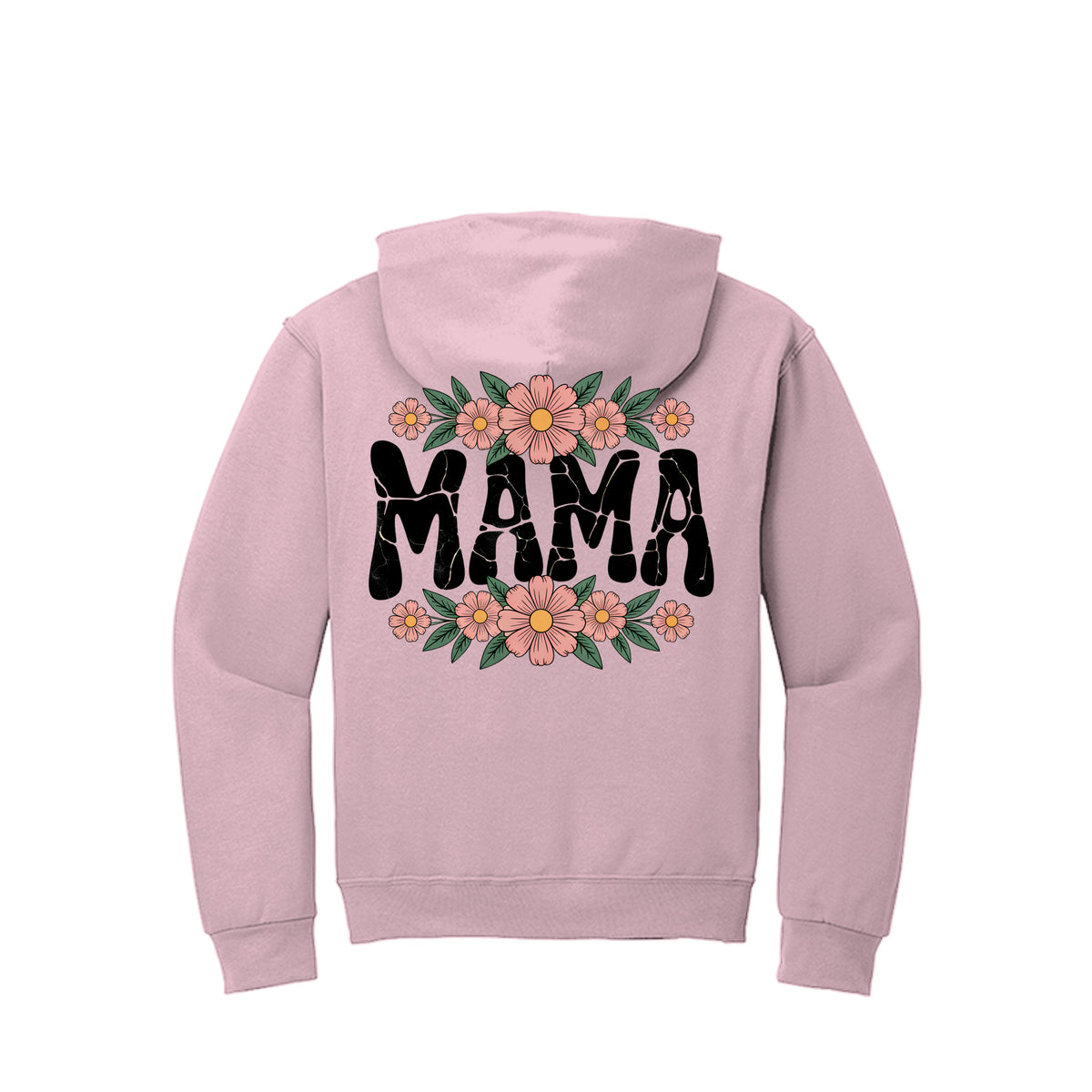 Light pink MAMA hoodie with floral crackle-style MAMA graphic on back
