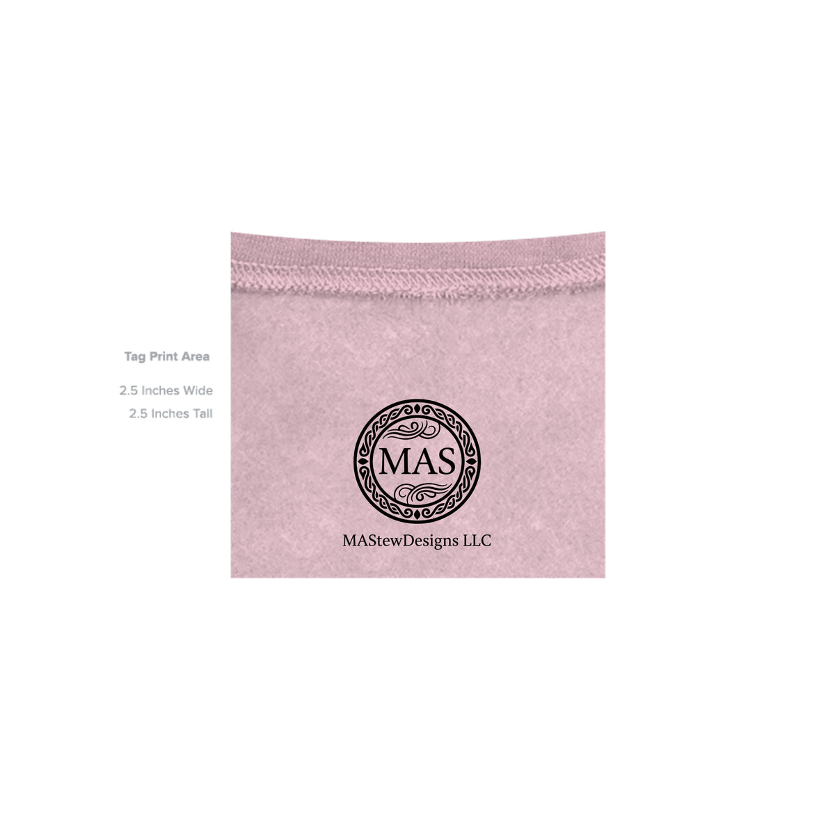 Light pink hoodie inner neck label and MAS branding patch