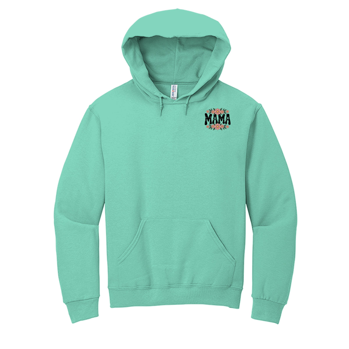 Mint green MAMA vintage script hoodie with small chest logo and front kangaroo pocket