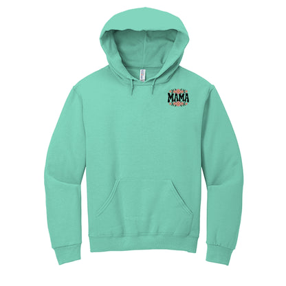 Mint green MAMA vintage script hoodie with small chest logo and front kangaroo pocket