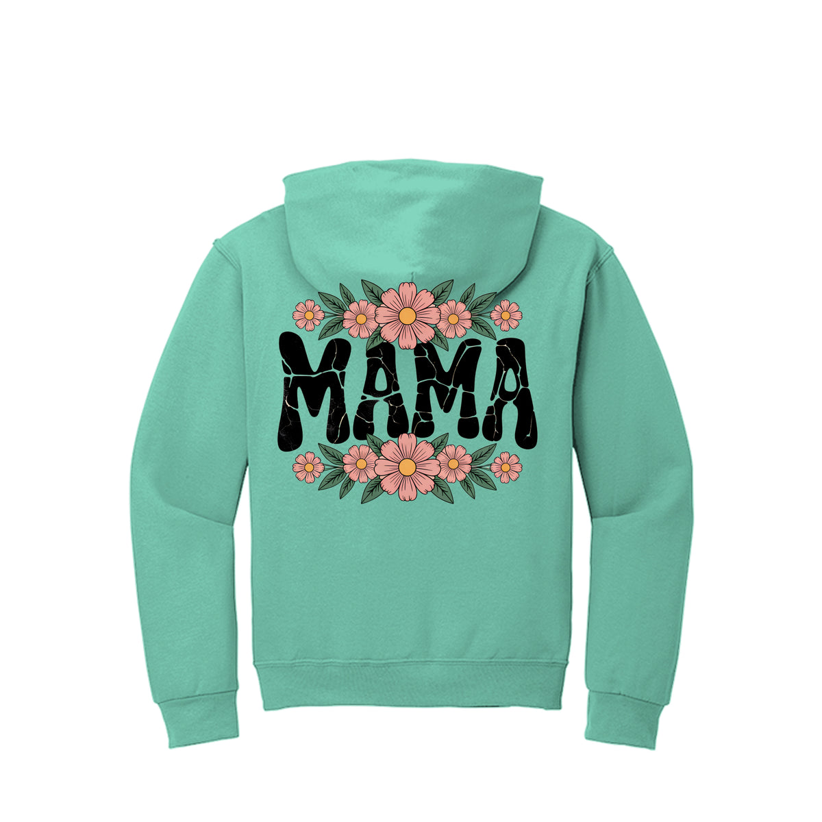 Mint green zipless hoodie with floral MAMA script graphic on the back