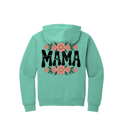 Mint green zipless hoodie with floral MAMA script graphic on the back