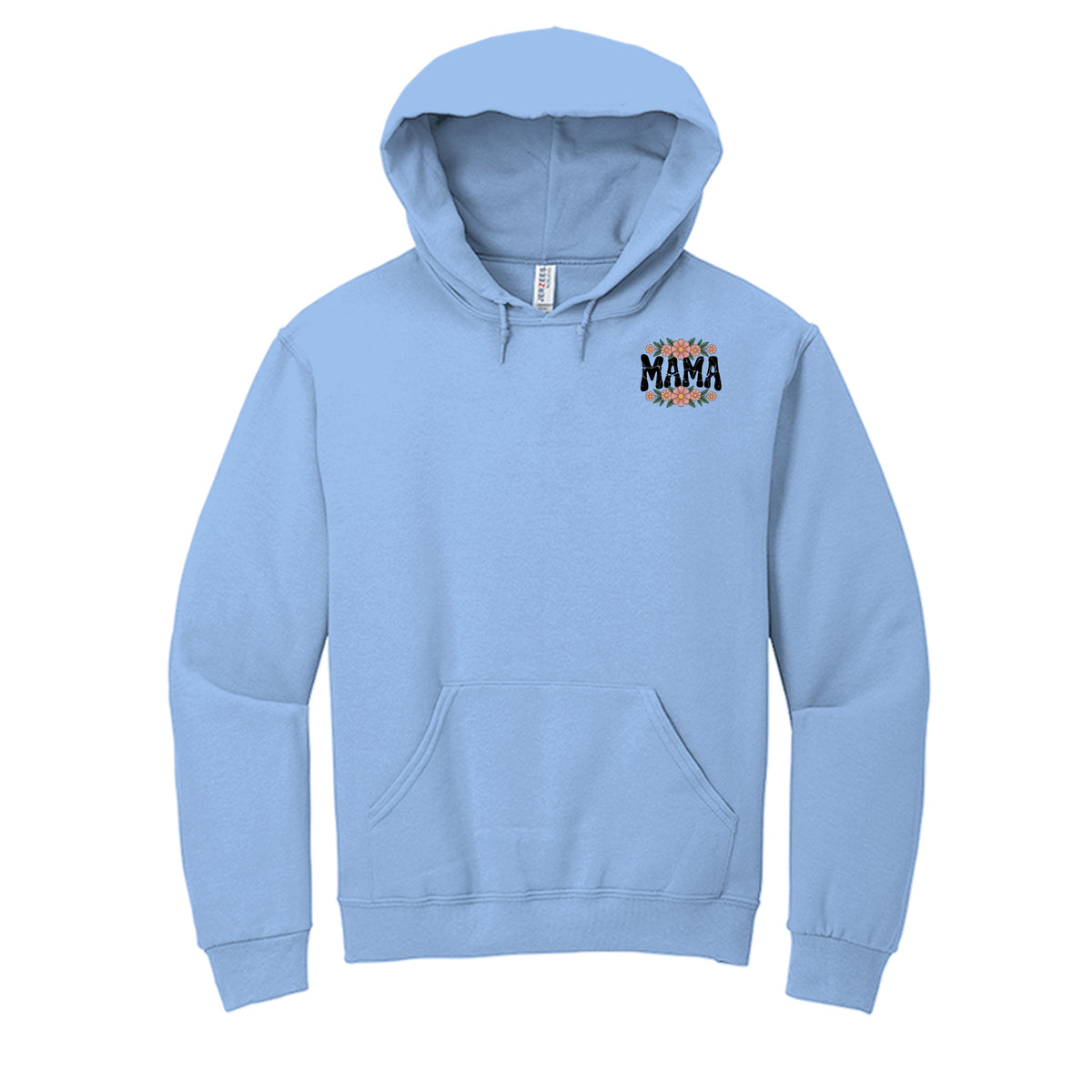 Light blue hoodie with small MAMA logo on the chest and front pocket