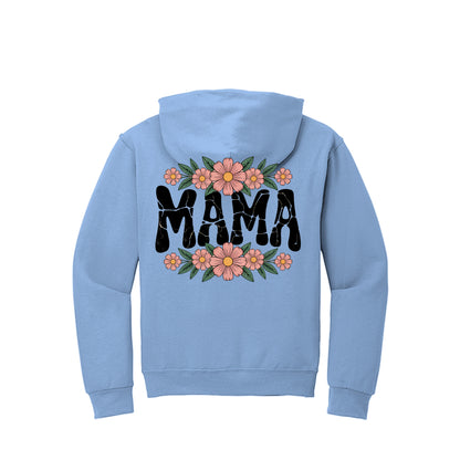 Light blue hoodie with floral MAMA script graphic on the back and hood