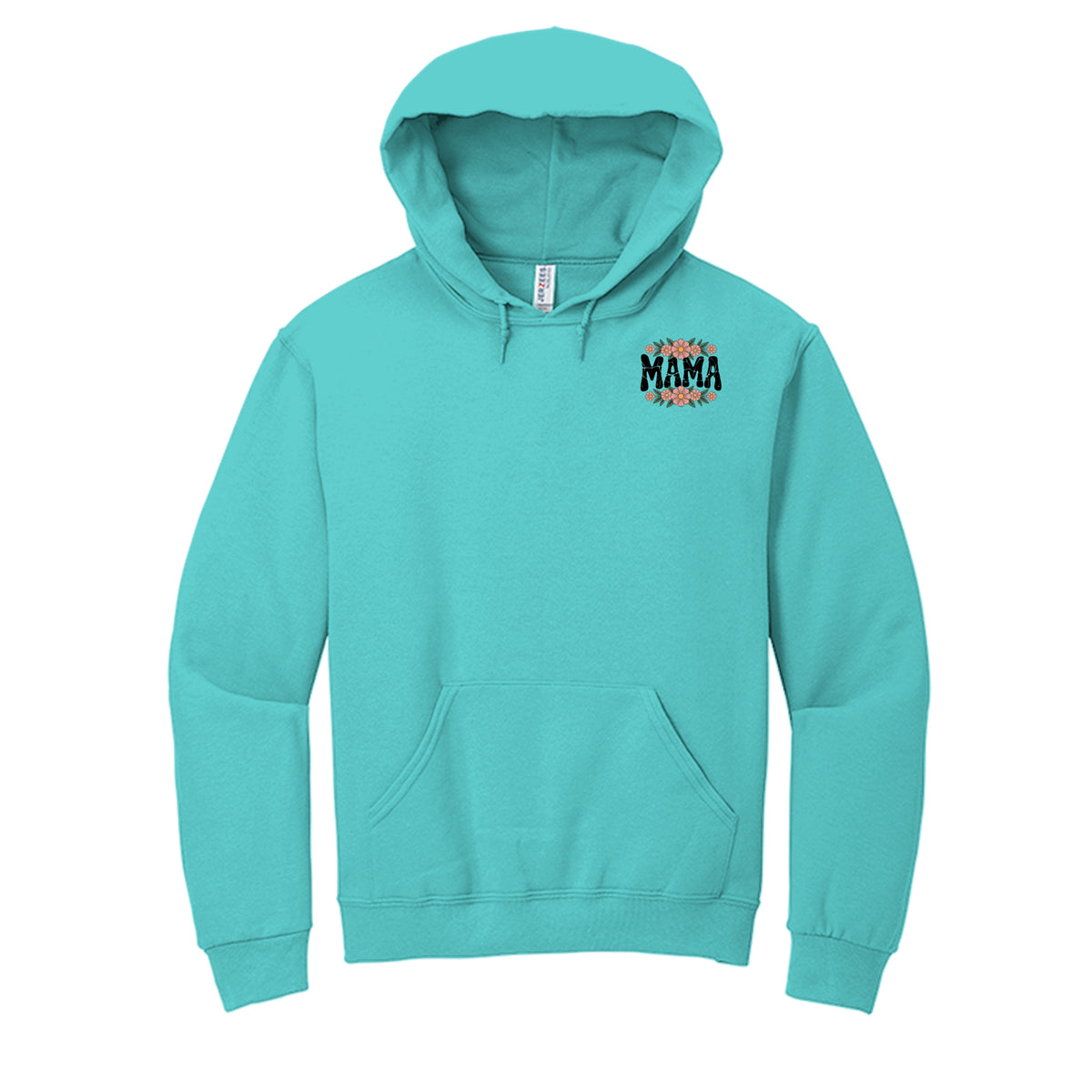 Teal hoodie with small MAMA logo on the chest and front pocket