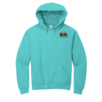 Teal hoodie with small MAMA logo on the chest and front pocket
