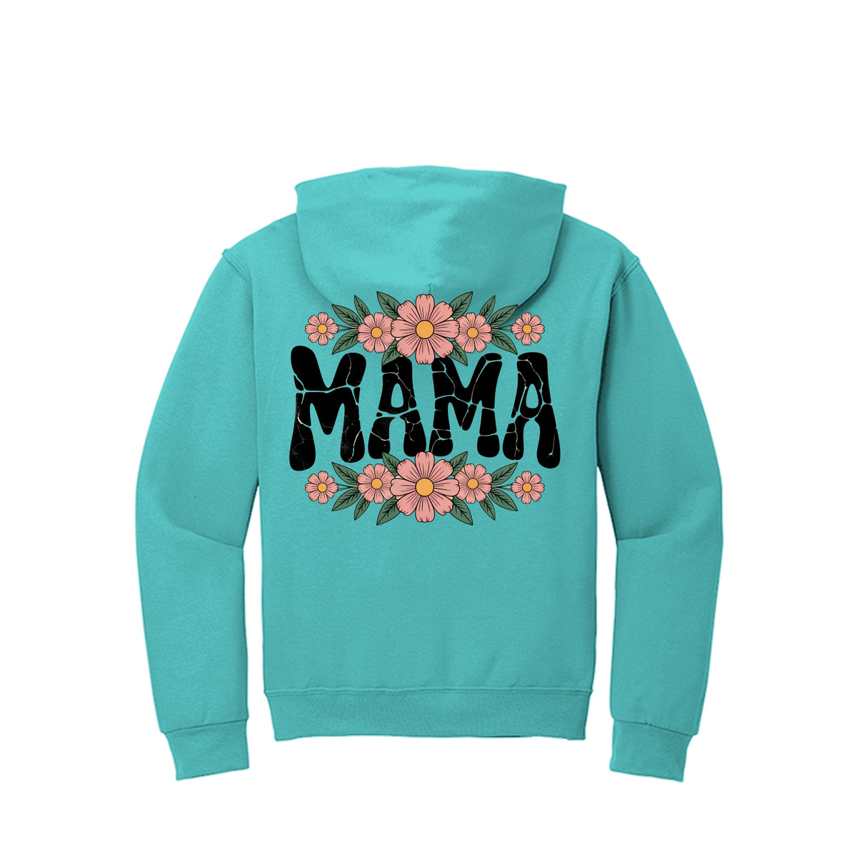 Teal hoodie with floral MAMA script graphic on the back and hood