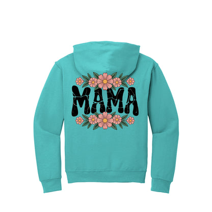 Teal hoodie with floral MAMA script graphic on the back and hood