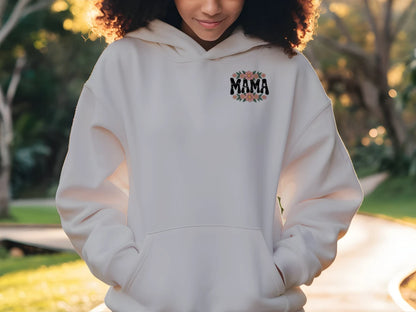 White hoodie with small MAMA logo on the chest and front pocket