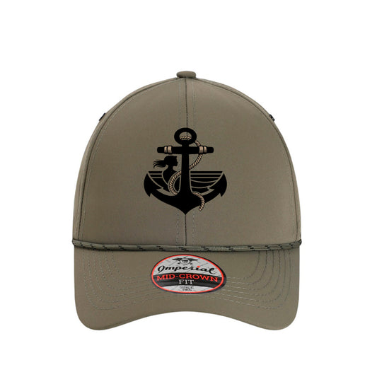 Imperial Habanero performance rope cap, olive with anchor emblem and Mid-Crown patch
