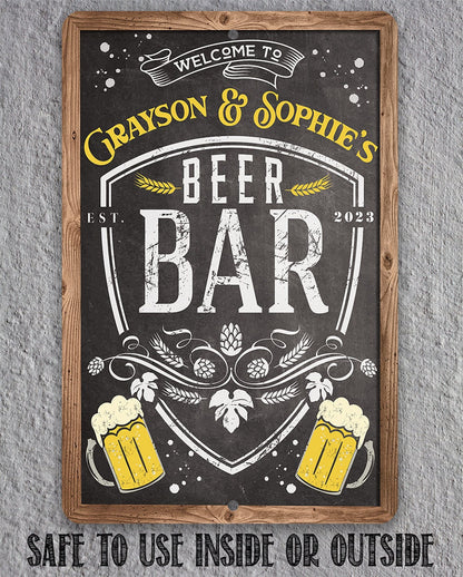 Framed metal beer bar sign reading “WELCOME TO” with “SAFE TO USE INSIDE OR OUTSIDE”