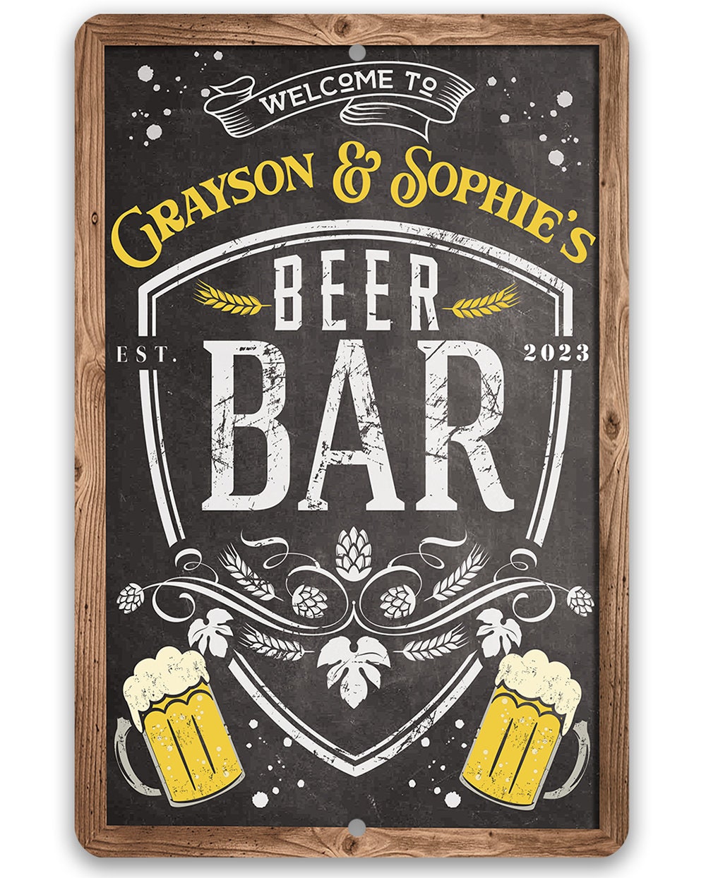 Wood-framed metal beer bar sign reading “WELCOME TO” and “BEER BAR” in large letters