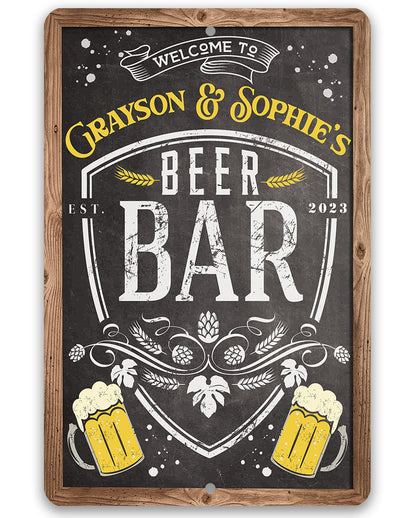 Wood-framed metal beer bar sign reading “WELCOME TO” and “BEER BAR” in large letters