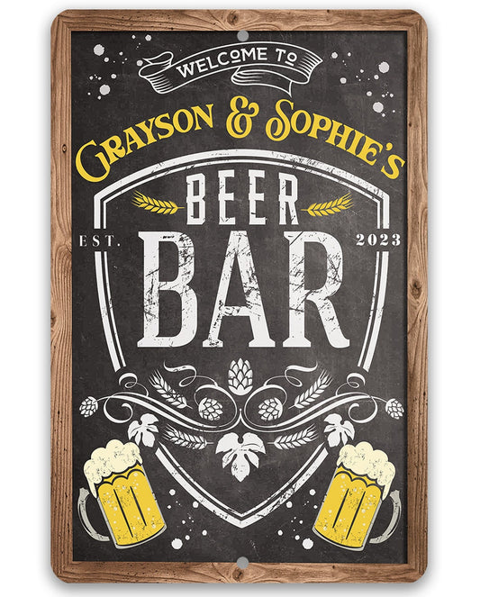 Wood-framed metal beer bar sign reading “WELCOME TO” and “BEER BAR” in large letters