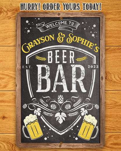 Personalized beer bar metal sign in a frame with “HURRY! ORDER YOURS TODAY!” text