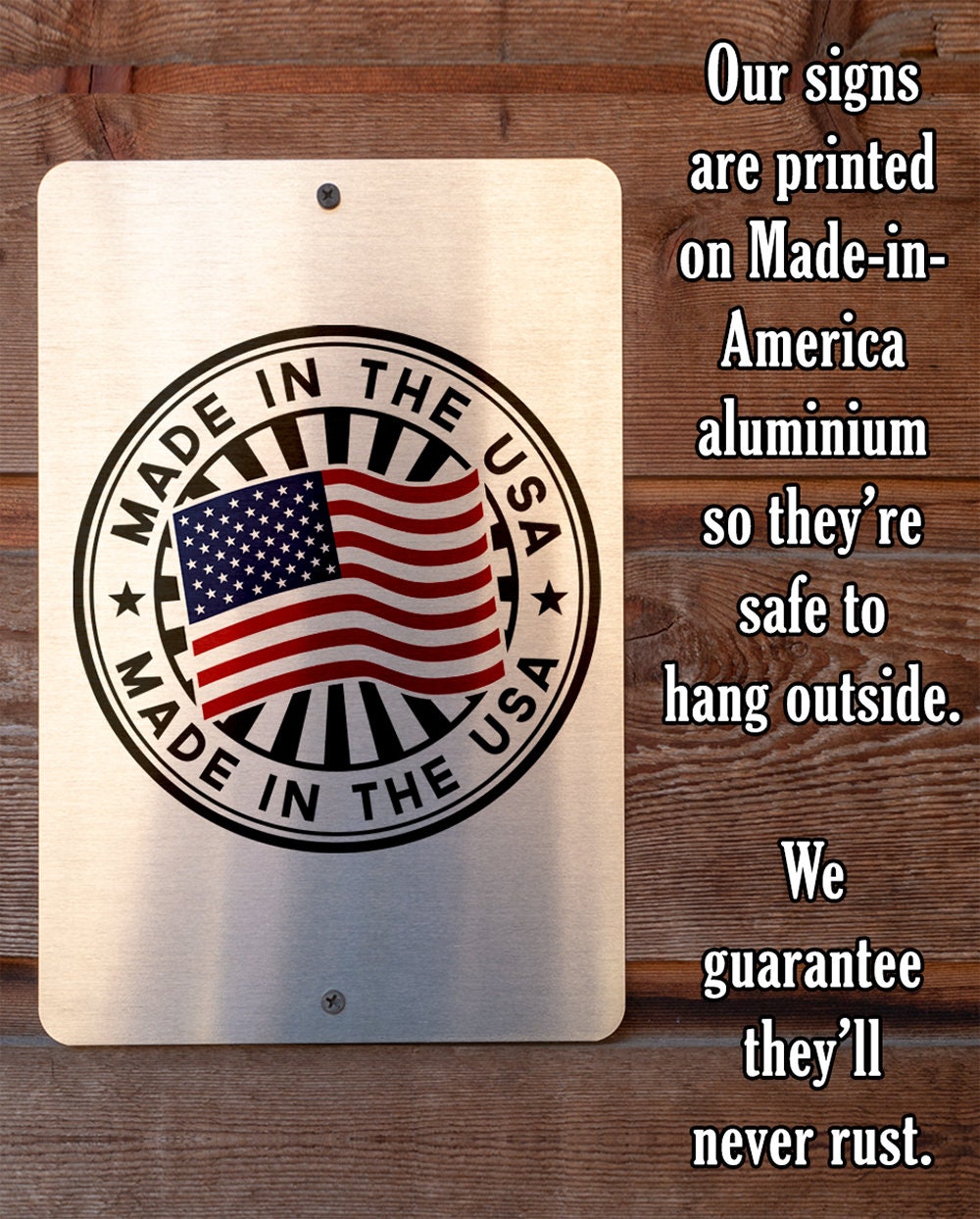 Personalized metal welcome sign with stamped “Made in the USA” badge design