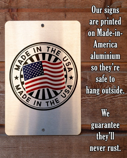 Personalized metal welcome sign with stamped “Made in the USA” badge design
