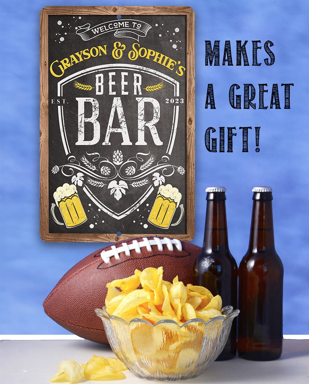 Wood-framed beer bar metal sign with “GRAYSON & SOPHIE’S” and “BEER BAR”