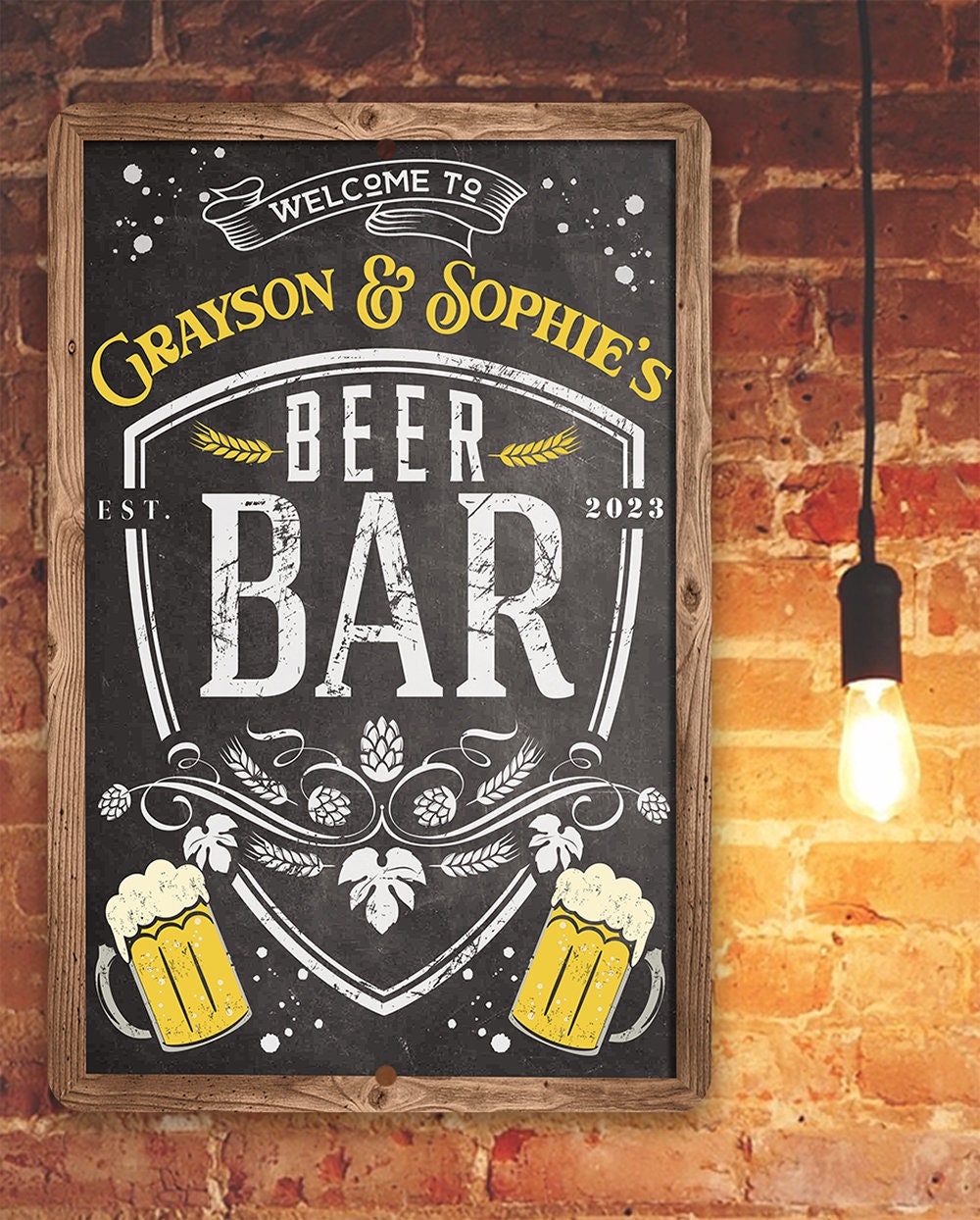Framed chalkboard-style metal beer bar sign with “WELCOME TO” and “BEER BAR” text
