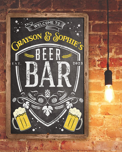 Framed chalkboard-style metal beer bar sign with “WELCOME TO” and “BEER BAR” text