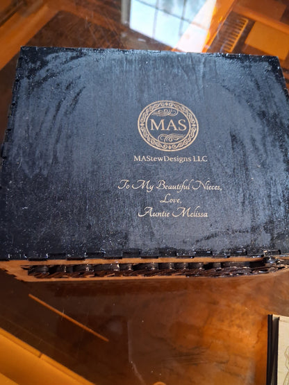 Wooden keepsake game box lid with MAS logo and engraved dedication text