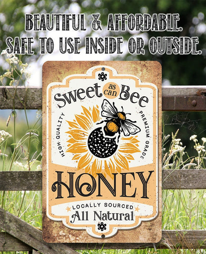 Honey metal sign featuring 'Sweet as can Bee' and 'Honey' with sunburst and bee illustration