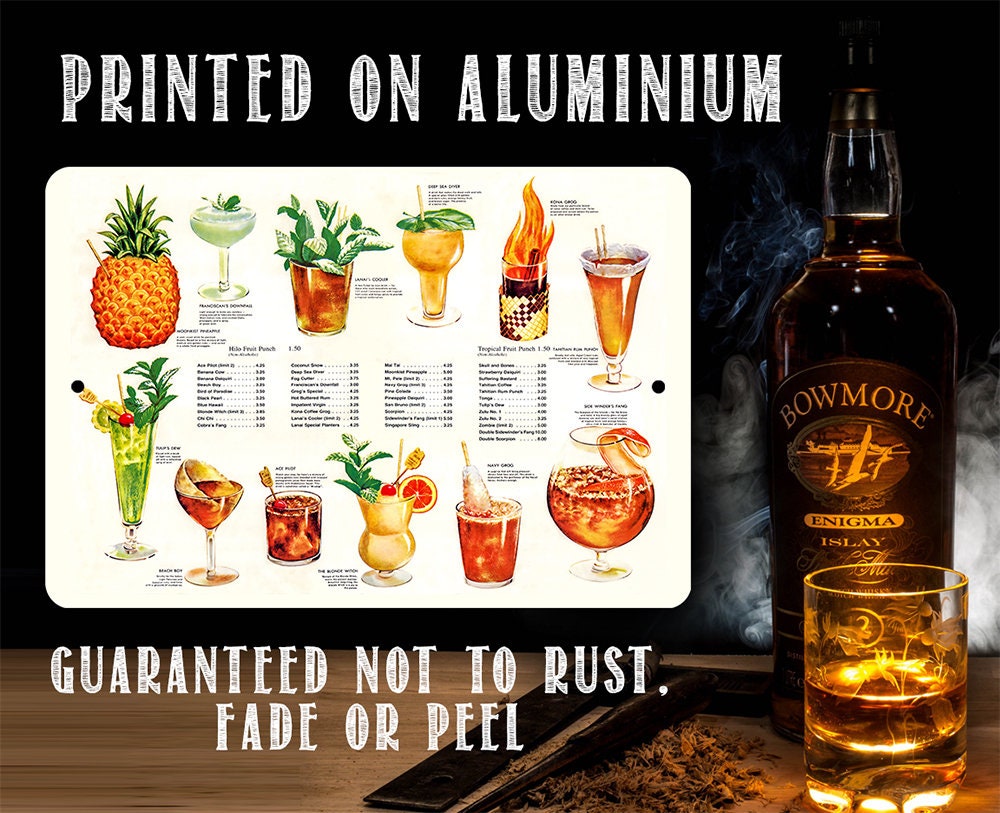 Aluminum-printed metal sign with drink menu and 'Guaranteed not to rust' text, with bottle